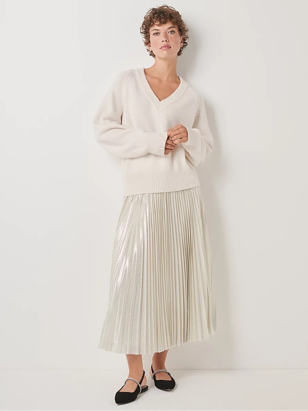 The White Company metallic cream silver pleated midi skirt size US 6